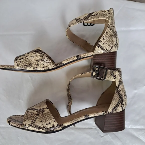 Clarks Snake Print Ankle Strap Block Heel Sandals — Beige/Brown - Picture 9 of 9